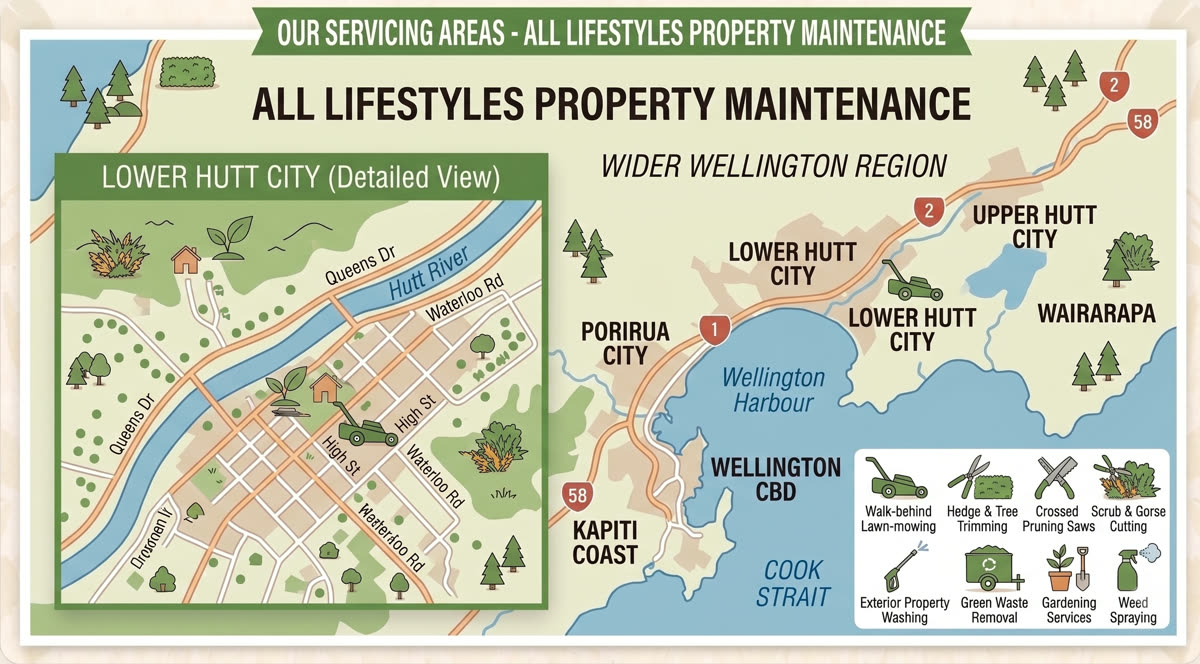 Map of All Lifestyles Property Maintenance service area covering Lower Hutt, Upper Hutt, Porirua and the wider Wellington region